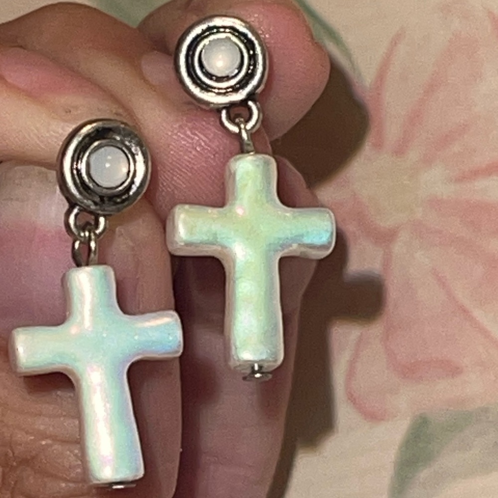 Iridescent Opal Pearl Cross Earrings
